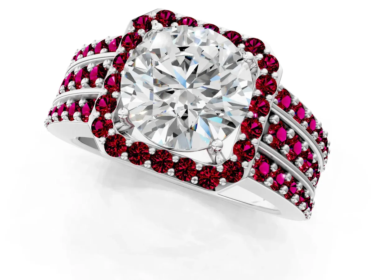 Round Cut Halo Diamond Ring with Round Garnet Split Shank and Prong Setting Platinum