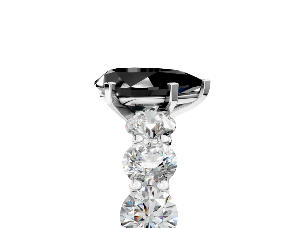Fancy Black Pear Cut Diamond Prong Setting with Side Stones on a Pave Band Silver