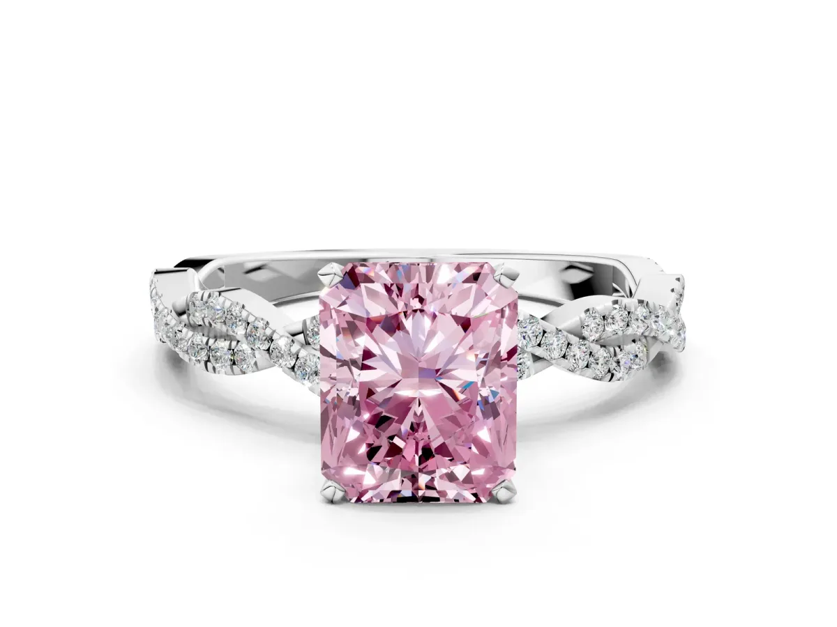 Fancy Pink Radiant Cut Solitaire Twisted Pave Band with Four-Prong Setting Platinum