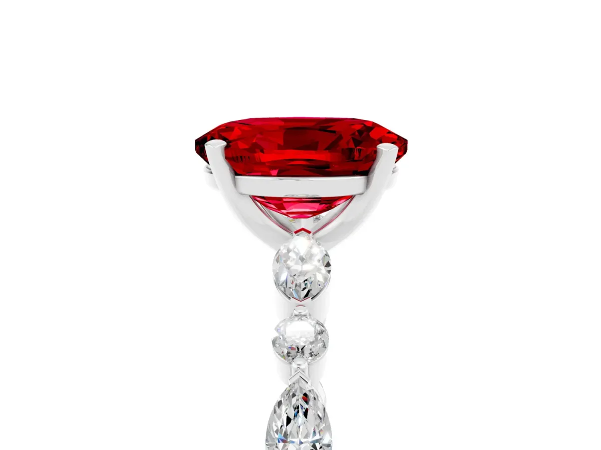 Oval Cut Ruby Ring with Marquise and Round Side Stones and Four-Prong Setting White gold