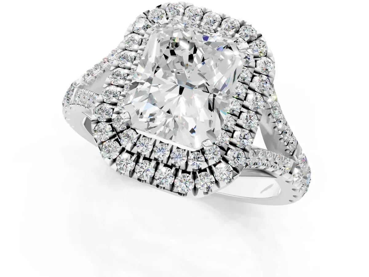 Radiant Cut Cut Double Halo Split Shank Diamond Ring with Prong Setting Platinum