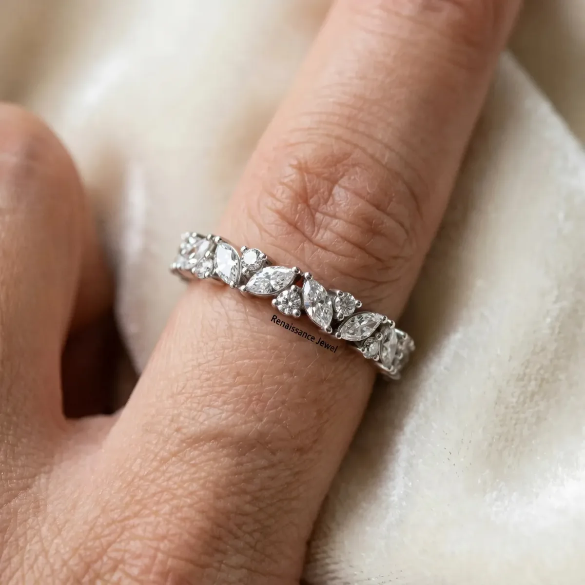 Marquise and Round Diamond Vine Eternity Band with Prong Setting Platinum