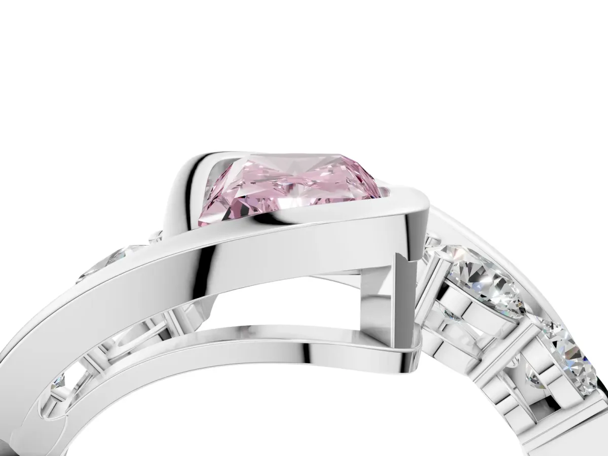 Fancy Pink Bezel Set Radiant Cut Diamond Bypass Ring with Round Accents Silver