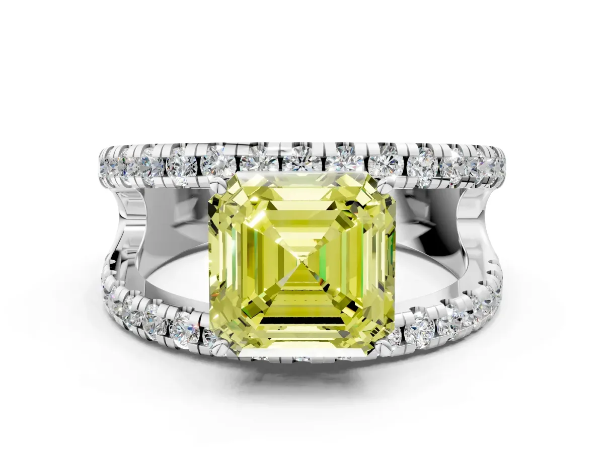 Fancy Yellow Asscher Cut Solitaire Split Shank Pave Diamond Ring Platinum