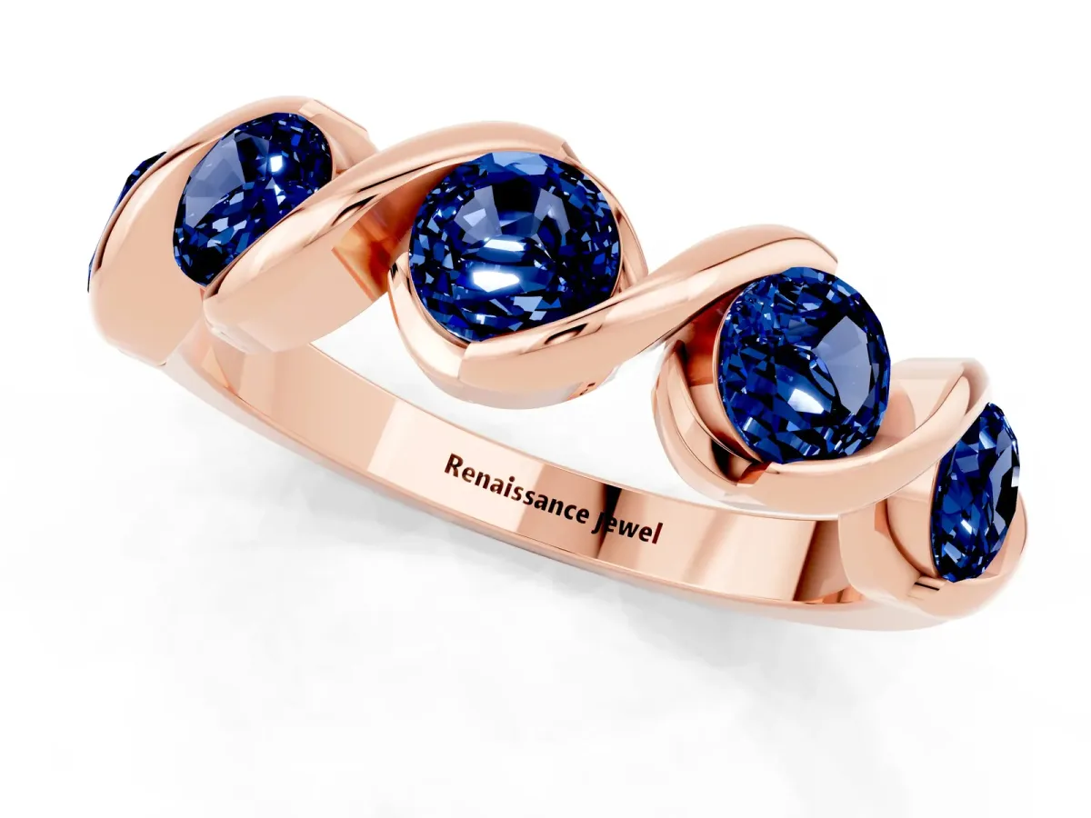 Round Blue Sapphire Wave Band with Channel Setting and Shared Prongs Rose gold