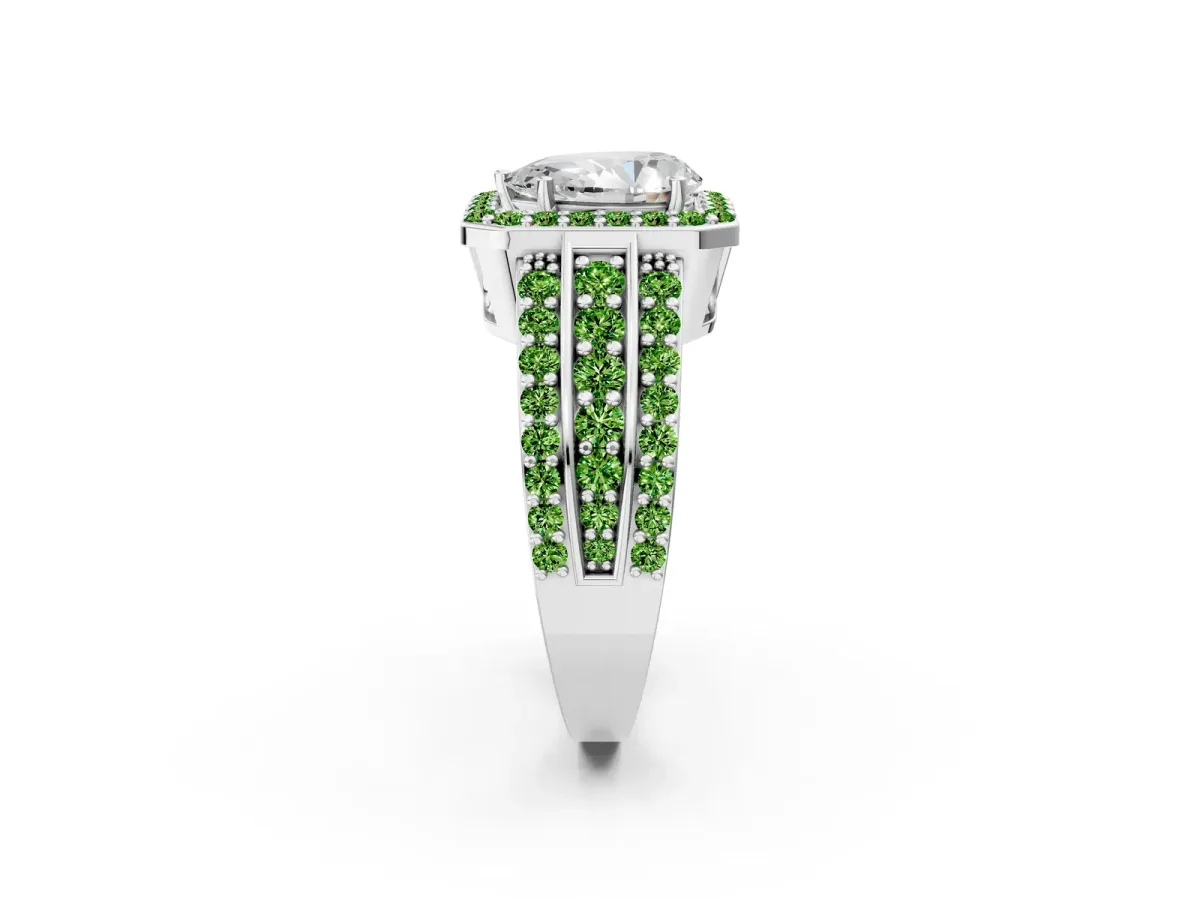 Pear Cut Halo Diamond Ring with Round Peridot Split Shank and Prong Setting Platinum