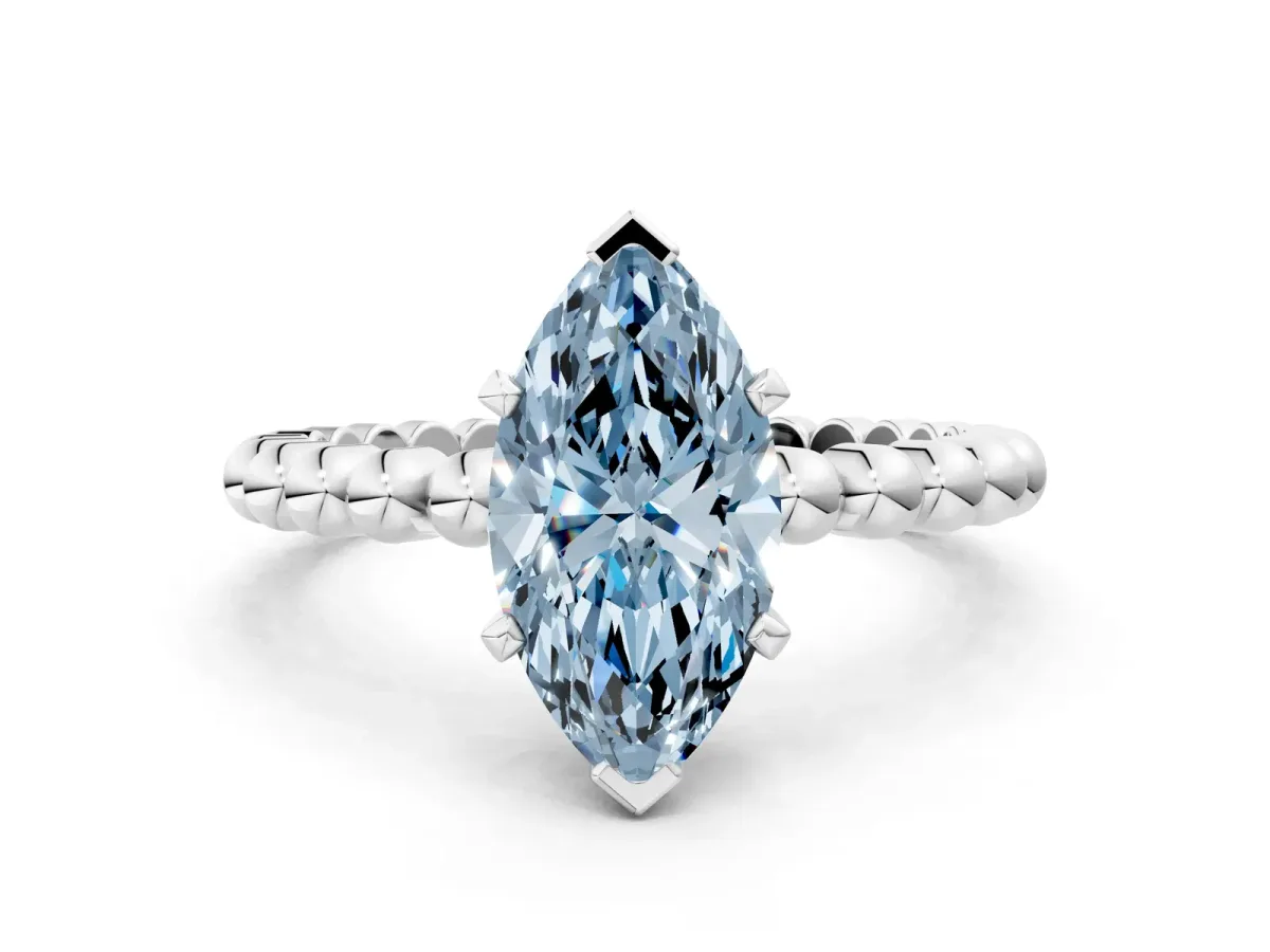Fancy Blue Marquise Cut Diamond Solitaire Ring with Beaded Band and Prong Setting Silver