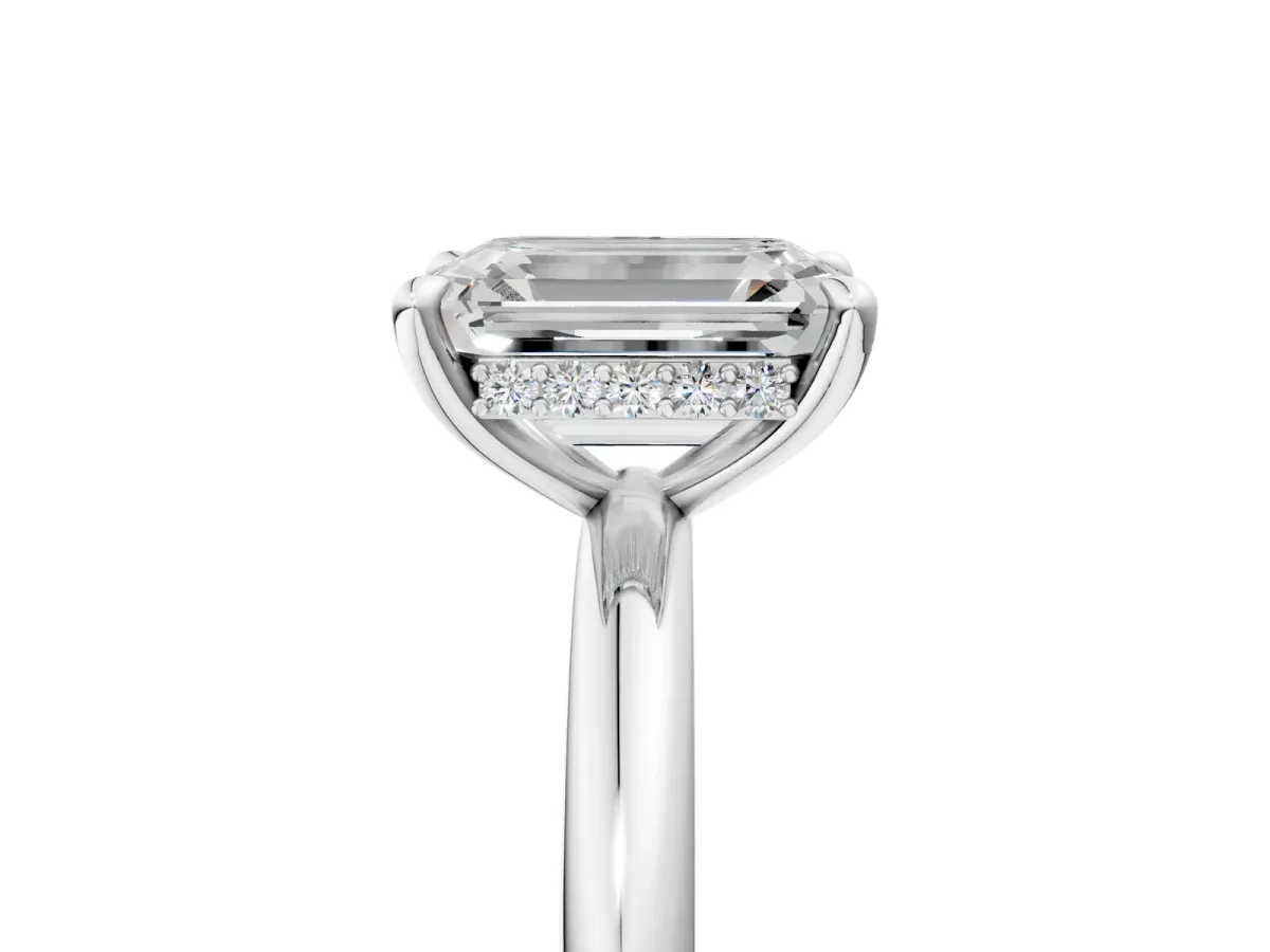 Emerald Cut Diamond Solitaire Ring with Thin Band and Four-Prong Setting White gold