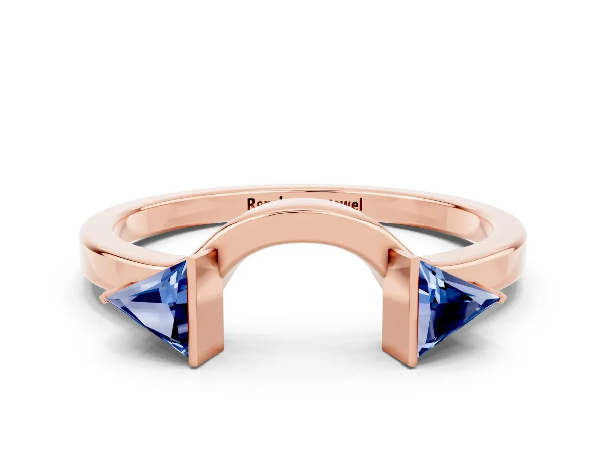 Trillion Blue Sapphire Open Band Ring with Bezel Setting Rose gold