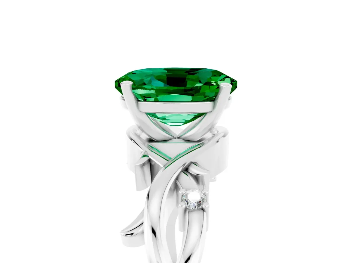Oval Cut Emerald Solitaire Ring with Twisted Band and Prong Setting Platinum