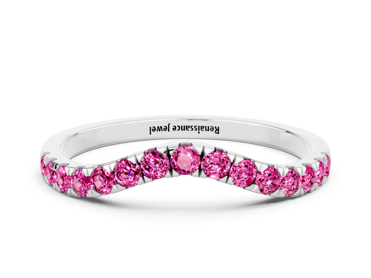 Curved Pavé Round Pink Sapphire Wedding Band with Shared Prong Setting Platinum