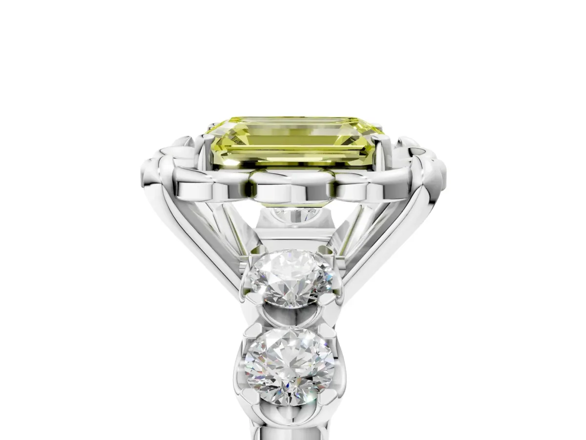 Fancy Yellow Emerald Cut Cut Diamond Floral Halo Engagement Ring with Shared Prong Setting Silver
