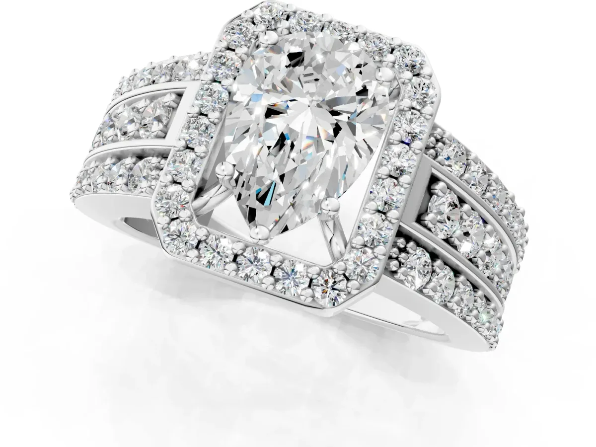 Pear Cut Halo Diamond Ring with Round Split Shank and Prong Setting Platinum