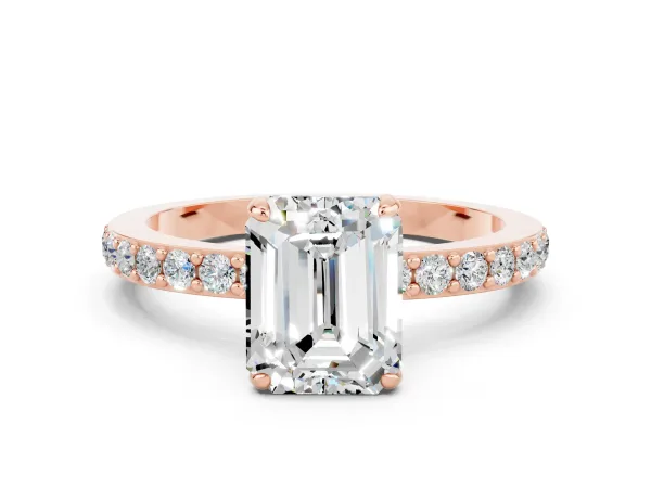 Emerald Cut Moissanite Solitaire Engagement Ring with Pavé Band and Four-Prong Setting Rose gold