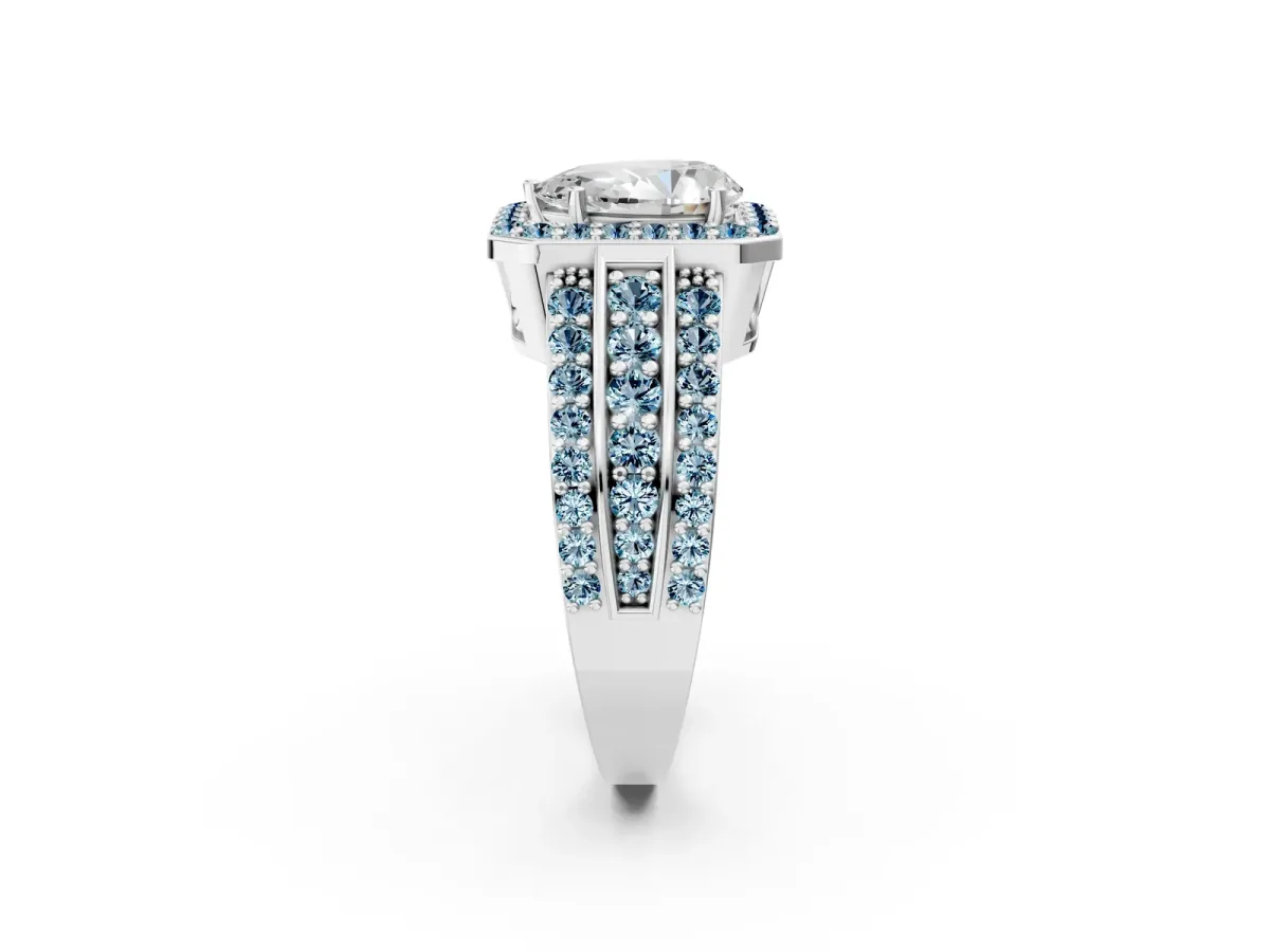 Pear Cut Halo Diamond Ring with Round Aquamarine Split Shank and Prong Setting Silver