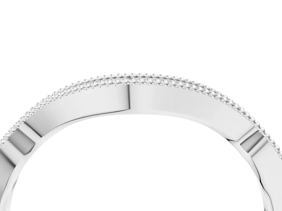 Pavé Round Diamond Curved Milgrain Band Silver