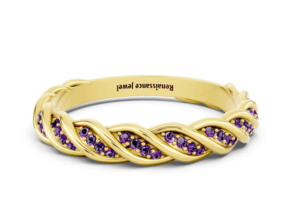 Twisted Pavé Round Amethyst Eternity Band with Shared Prong Setting Yellow gold