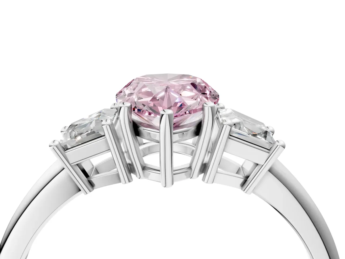 Fancy Pink Pear Cut Diamond Three-Stone Ring with Trapezoid Side Stones and Prong Setting Silver