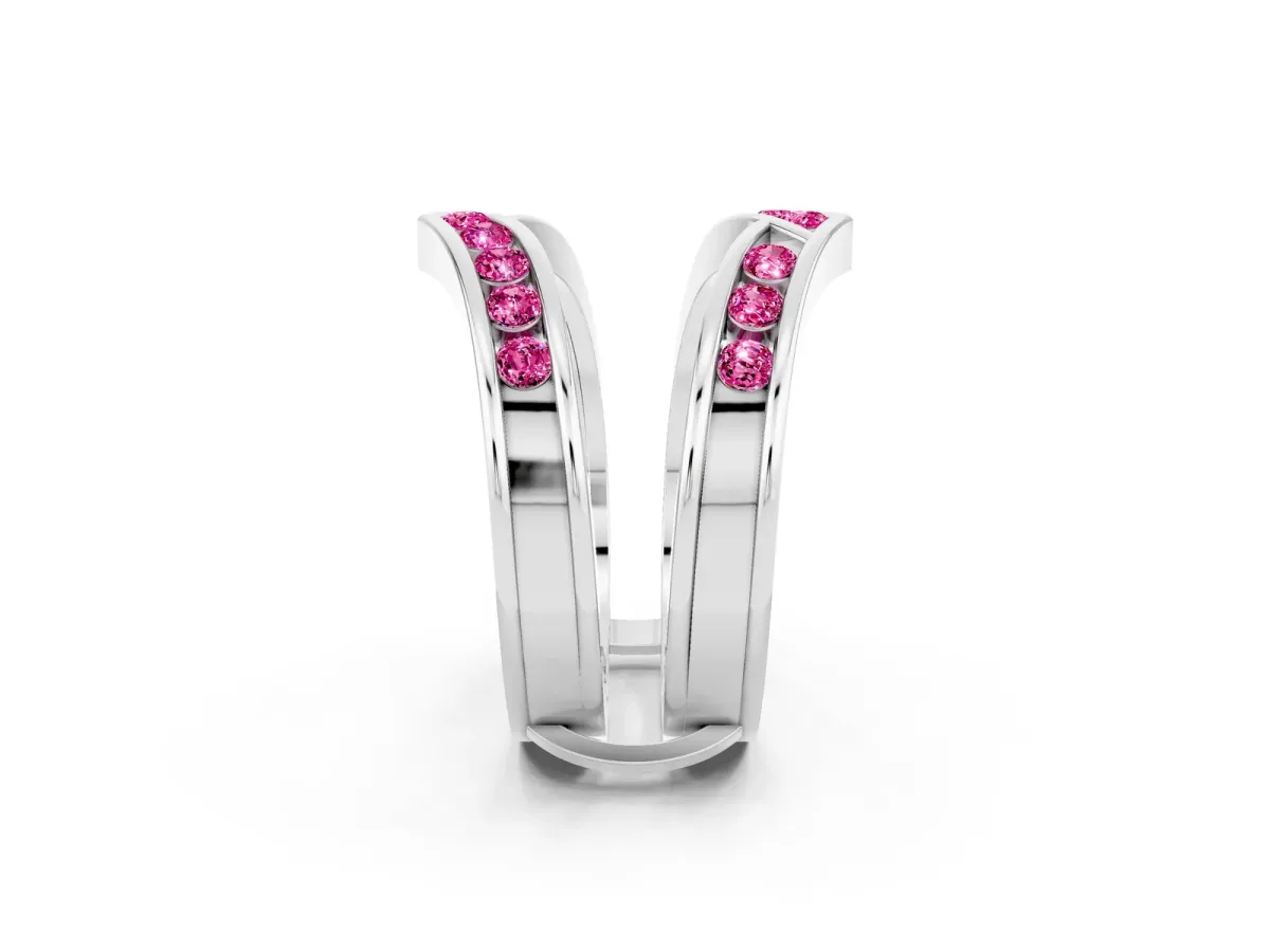 Round Pink Sapphire Channel-Set Chevron Band Silver
