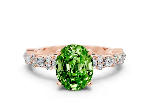 Oval Cut Peridot Side Stone Solitaire Ring with Round and Four-Prong Setting Rose gold
