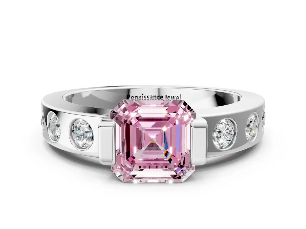 Fancy Pink Asscher Cut Brilliant Channel-Set Diamond Ring with Bezel Prong Setting Platinum