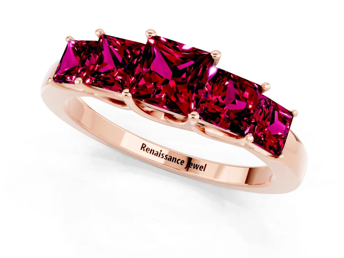 Princess Cut Five-Stone Garnet Ring with Classic Prong Setting Rose gold
