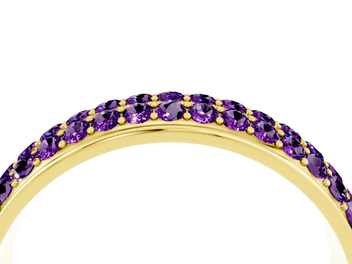 Three-Row Round Amethyst Eternity Band with Shared Prong Setting Yellow gold