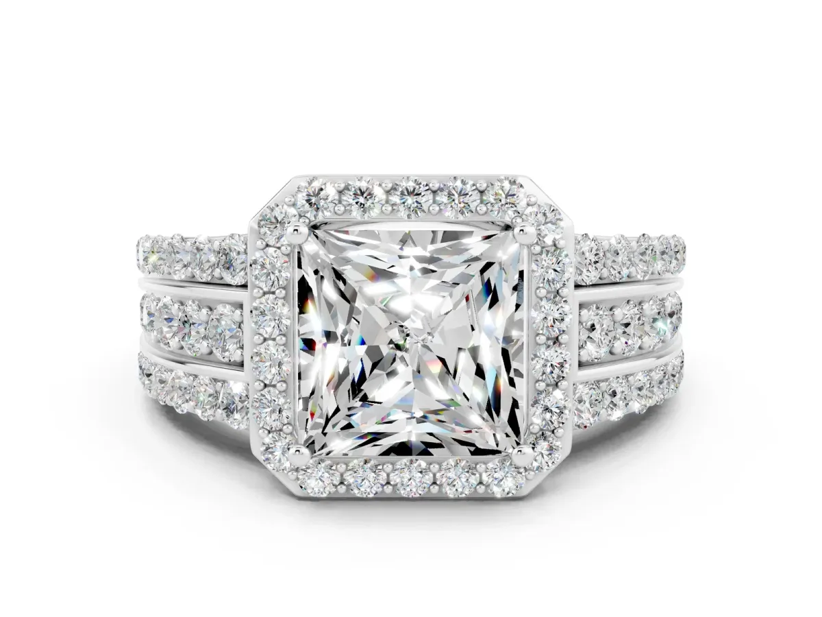 Princess Cut Halo Moissanite Ring with Round Split Shank and Prong Setting Silver