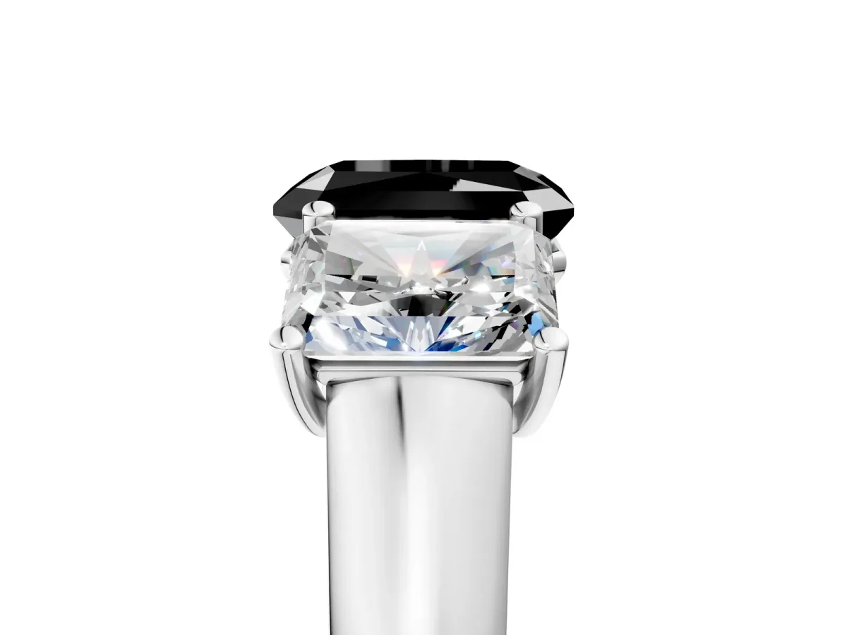 Fancy Black Radiant Cut Three-Stone Diamond Ring with Prong Setting on a Classic Band Platinum