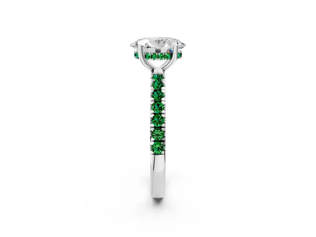 Oval Cut Diamond Pave Band Solitaire Ring with Round Emerald and Prong Setting Silver