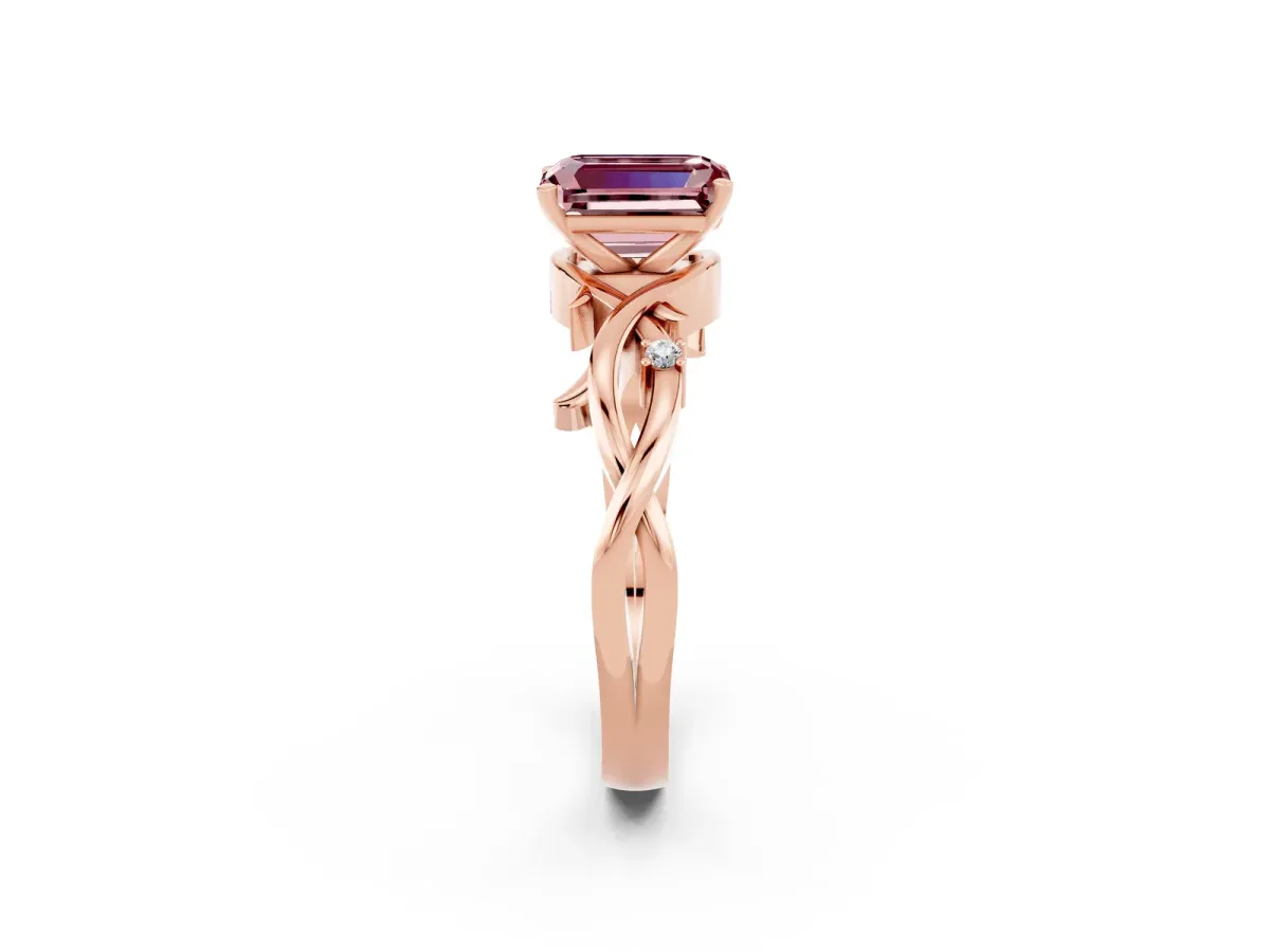 Emerald Cut Morganite Solitaire Ring with Twisted Band and Prong Setting Rose gold