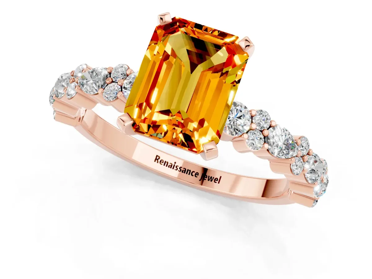 Emerald Cut Citrine Side Stone Solitaire Ring with Round and Four-Prong Setting Rose gold