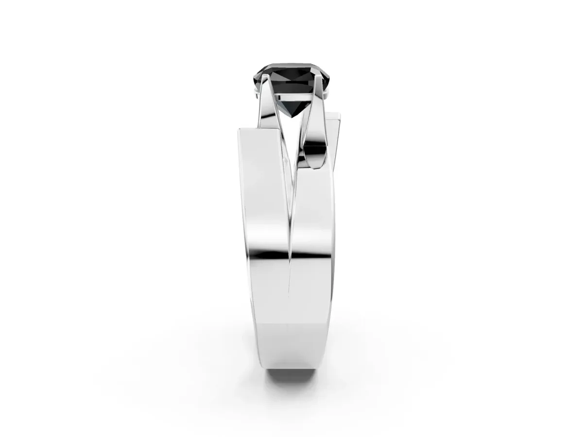 Fancy Black Modern Tension Set Cushion Cut Diamond Solitaire Wide Band Ring Silver