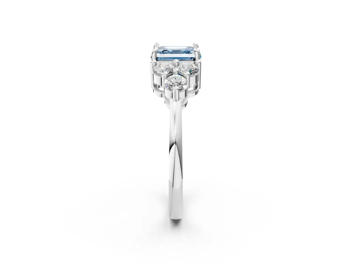 Fancy Blue Asscher Cut Brilliant Diamond Cluster Accent Solitaire Ring with Prong Setting Platinum