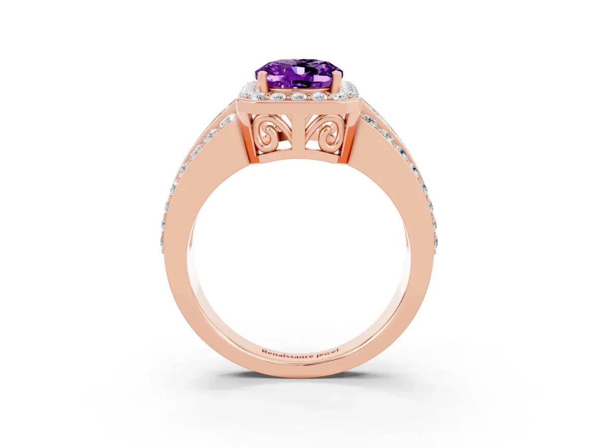 Oval Cut Halo Amethyst Ring with Round Split Shank and Prong Setting Rose gold