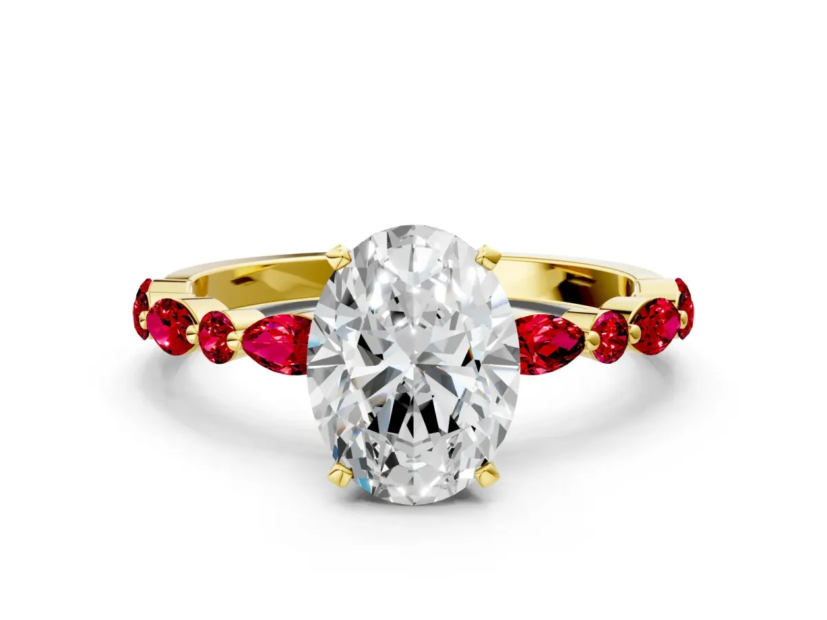Oval Cut Diamond Ring with Marquise and Round Ruby Side Stones and Four-Prong Setting Yellow gold