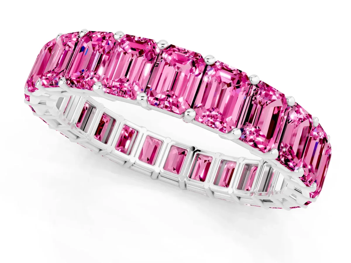 Emerald Cut Pink Sapphire Eternity Band with Shared Prong Setting Platinum