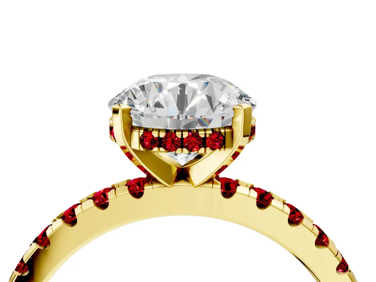 Round Cut Diamond Solitaire Ring with Round Ruby Pavé Band and Four-Prong Setting Yellow gold