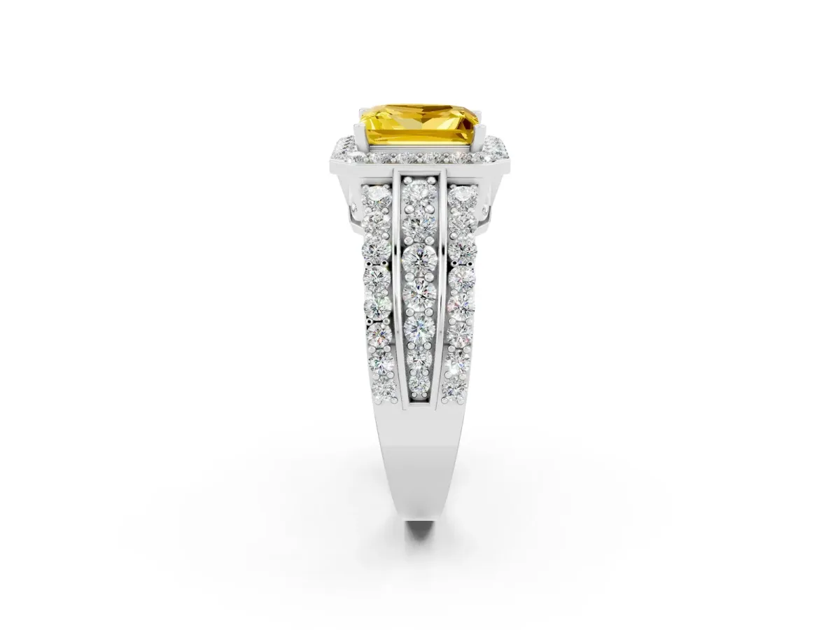 Princess Cut Halo Yellow Sapphire Ring with Round Split Shank and Prong Setting Silver