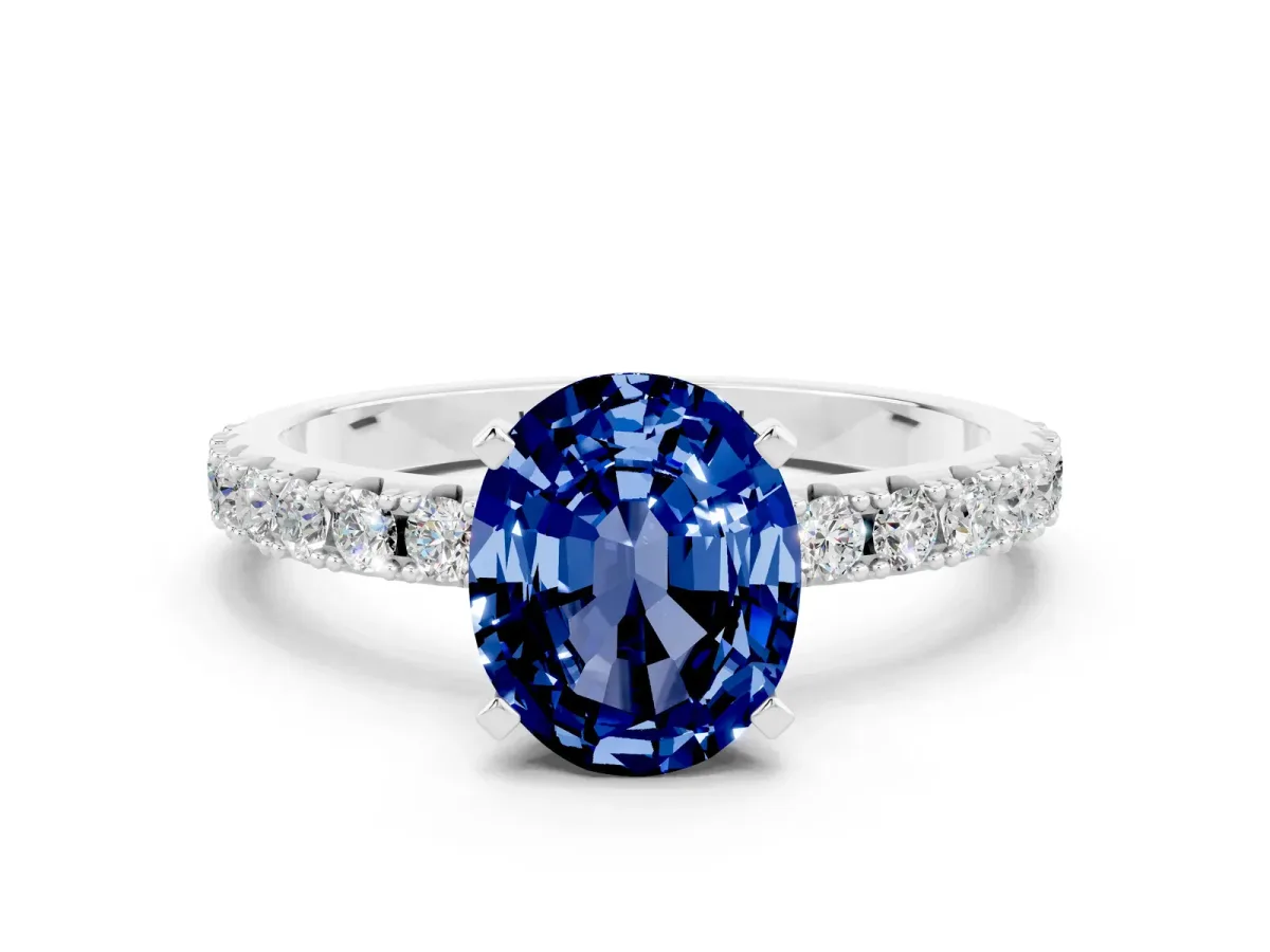 Oval Cut Blue Sapphire Solitaire Pavé Band with Four-Prong Setting Silver