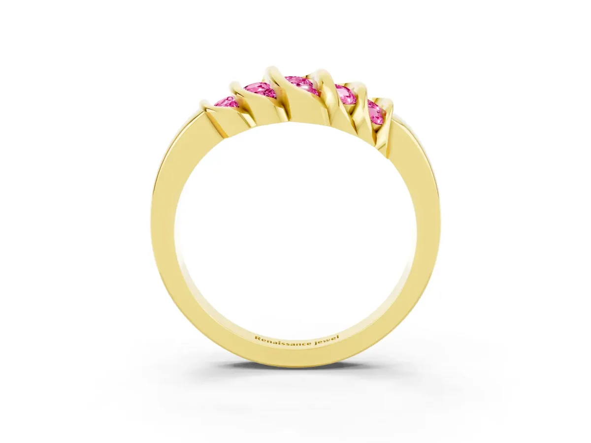 Round Pink Sapphire Multi-Row Crossover Band Yellow gold