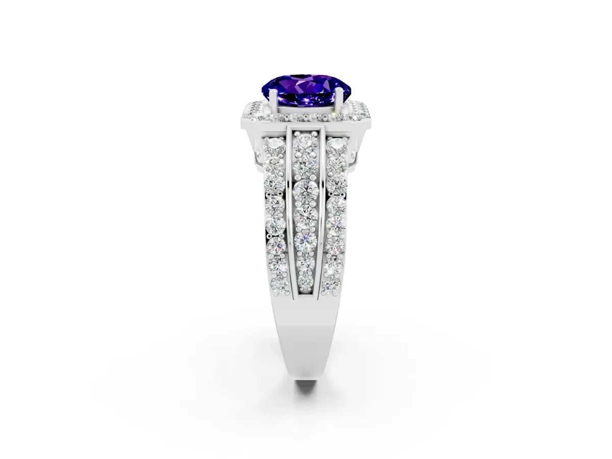 Round Cut Halo Tanzanite Ring with Round Split Shank and Prong Setting Platinum