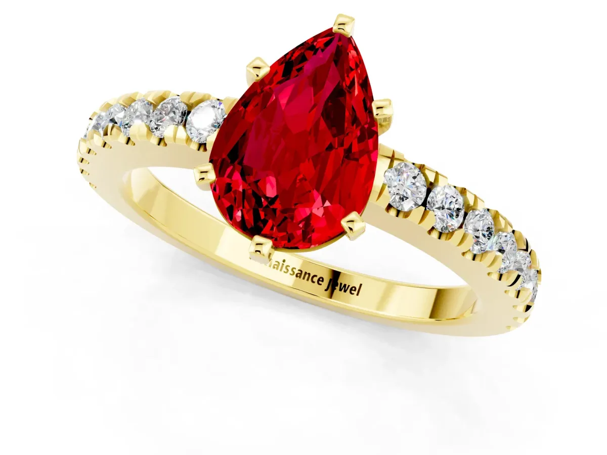 Pear Cut Solitaire Ruby with Pavé Band and Four-Prong Setting Yellow gold