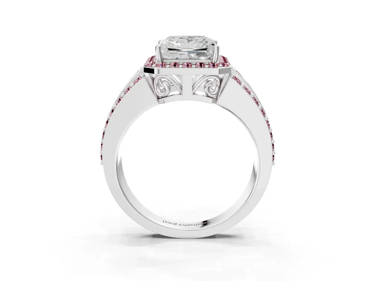 Princess Cut Halo Diamond Ring with Round Morganite Split Shank and Prong Setting Silver