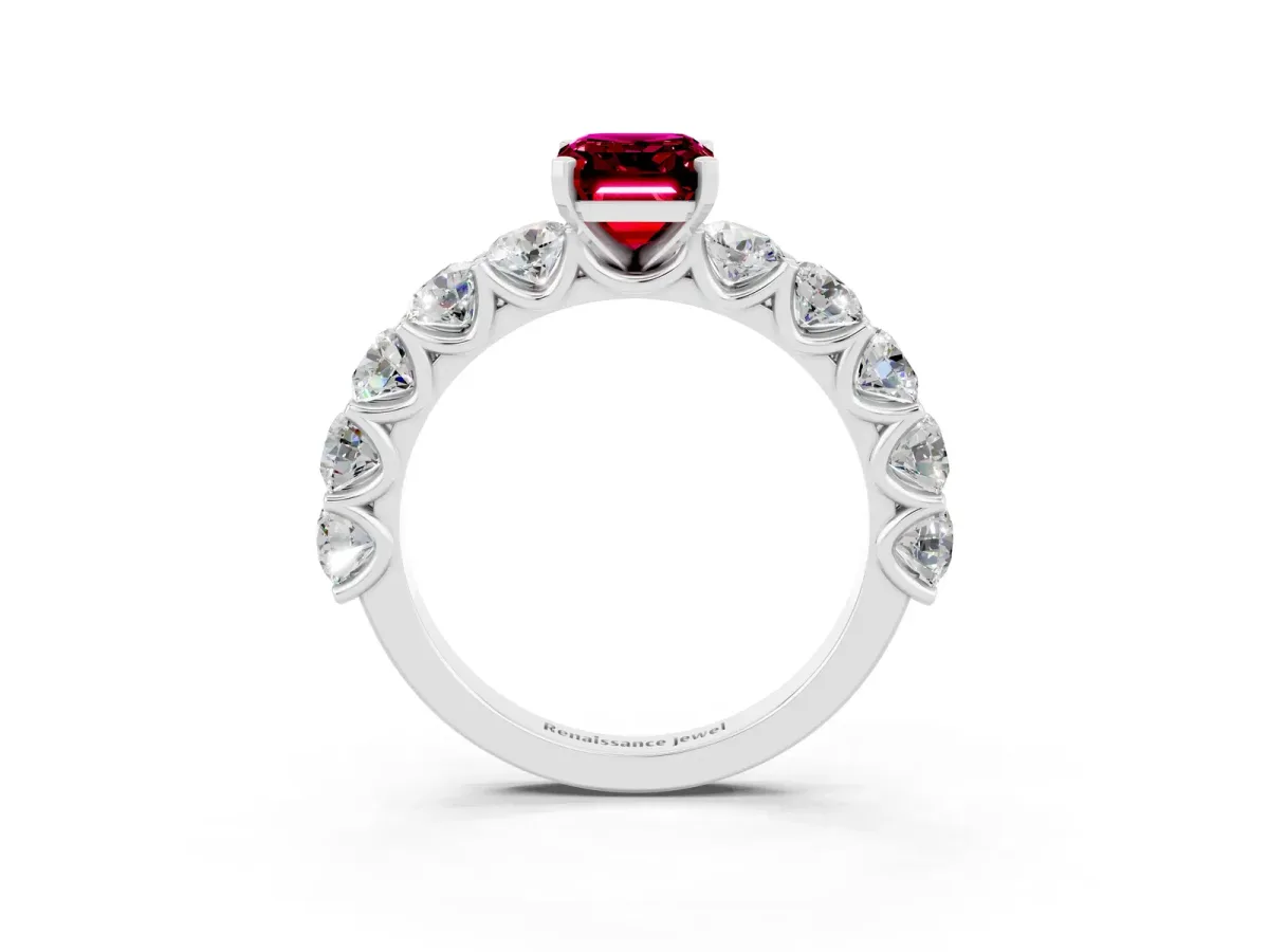 Emerald Cut Garnet Prong Setting with Side Stones on a Pave Band Platinum