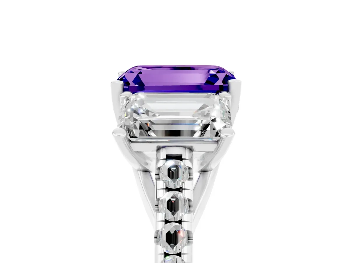 Three-Stone Emerald Cut Tanzanite Ring with Round Pavé Band and Prong Setting Platinum