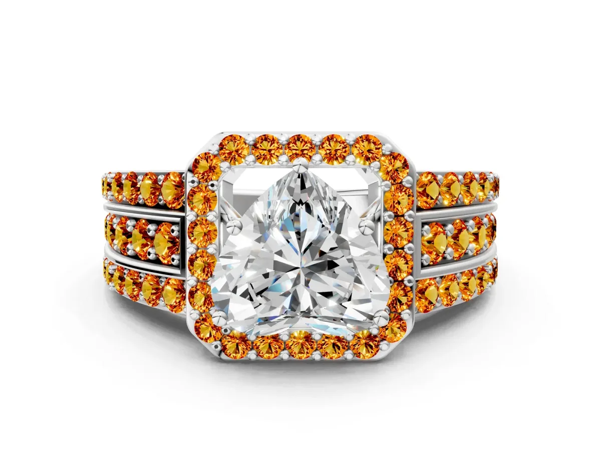 Heart Cut Halo Diamond Ring with Round Citrine Split Shank and Prong Setting Platinum
