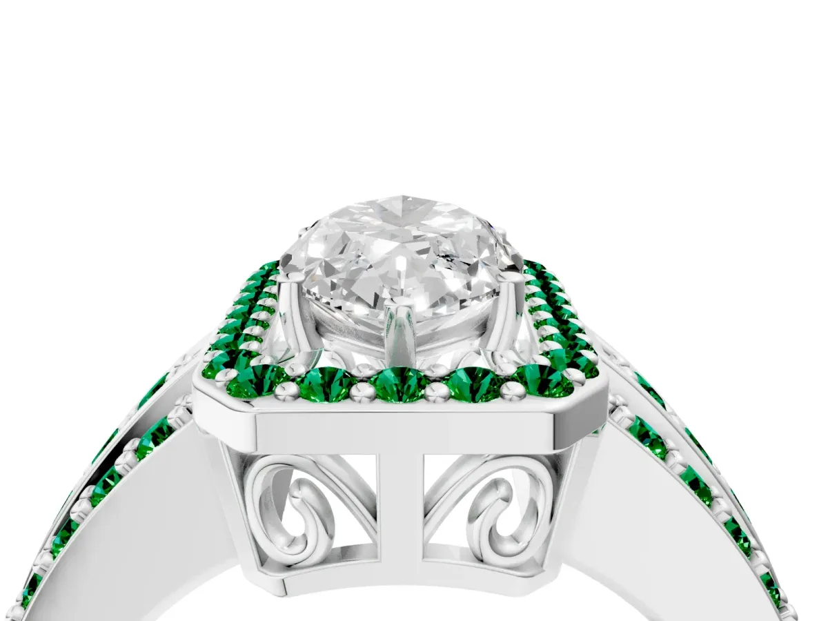 Marquise Cut Halo Diamond Ring with Round Emerald Split Shank and Prong Setting Silver