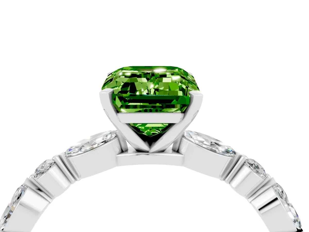 Emerald Cut Peridot Ring with Marquise and Round Side Stones and Four-Prong Setting Silver