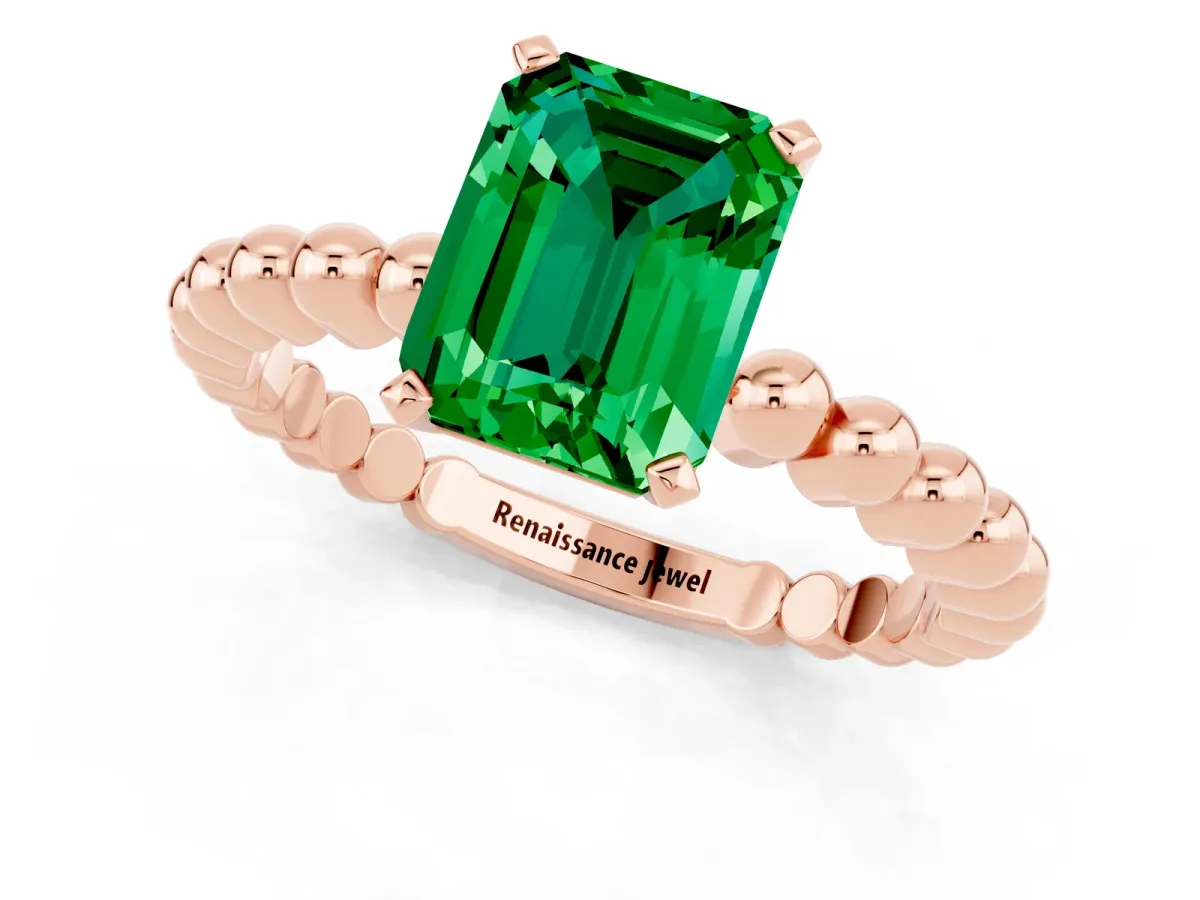 Emerald Cut Emerald Solitaire Ring with Beaded Band and Prong Setting Rose gold